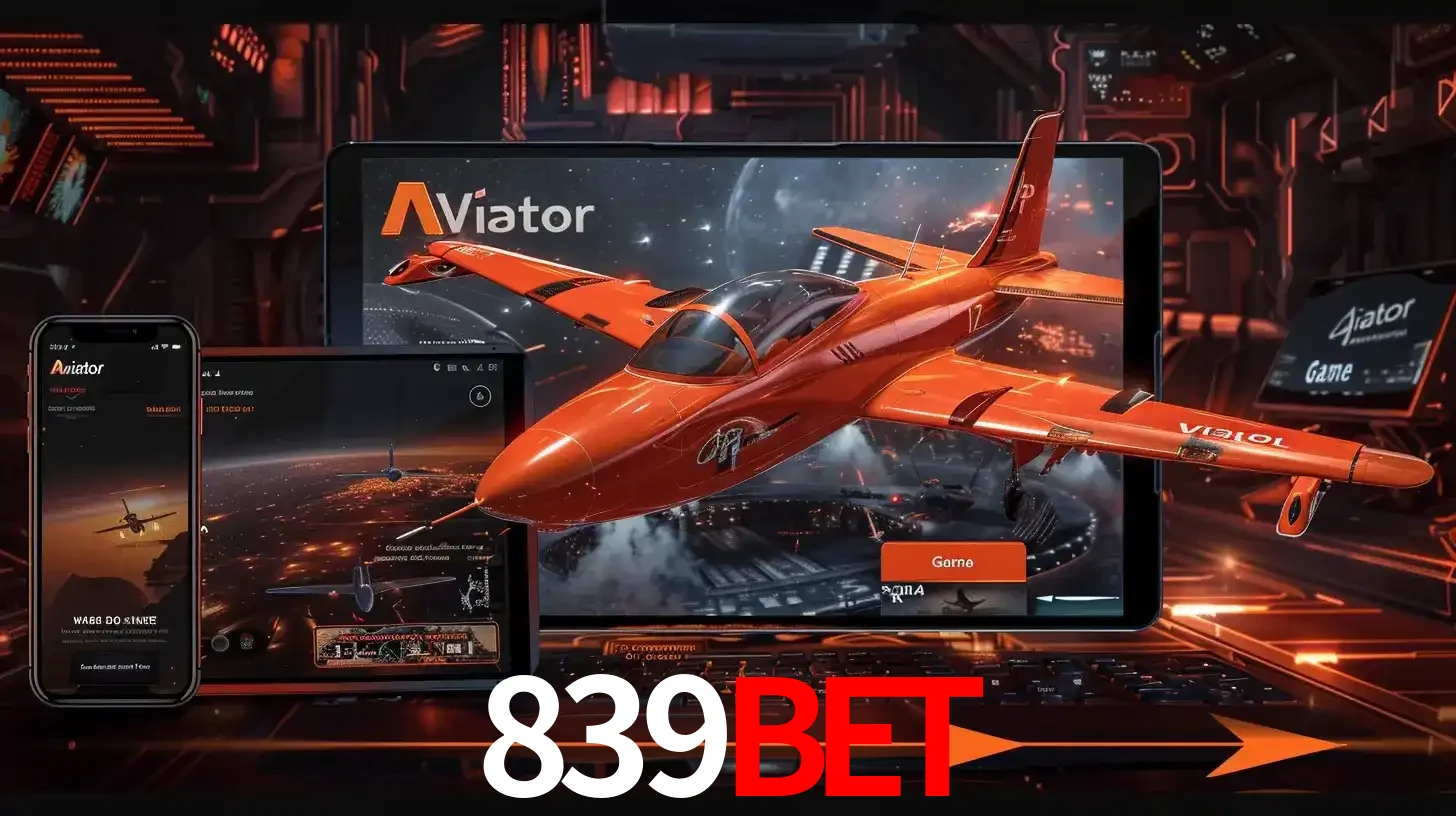 Apresentação tecnológica do jogo Aviator com um avião saindo da tela de um tablet, demonstrando a experiência imersiva em múltiplos dispositivos no 839BET.