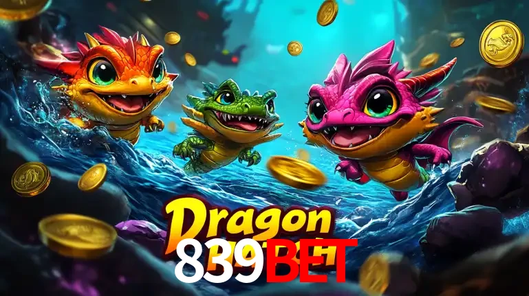 Arte promocional do jogo Dragon Hatch com três adoráveis dragões bebês nadando entre moedas de ouro, um dos slots mais divertidos para jogar no cassino 839BET.