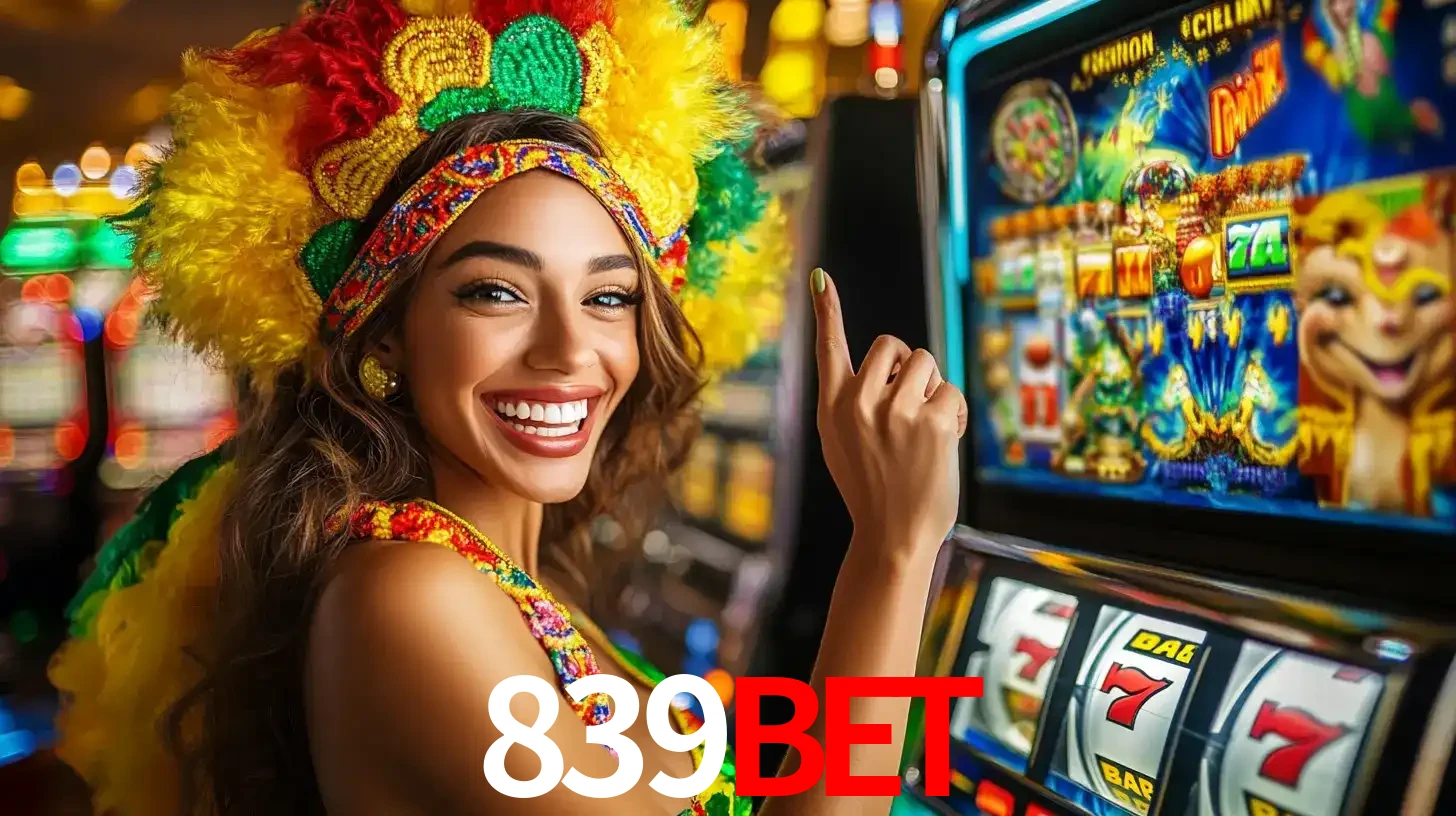 Mulher animada com um cocar de carnaval apontando para uma máquina de caça-níqueis, mostrando a emoção de ganhar um grande prêmio nos jogos do 839BET.