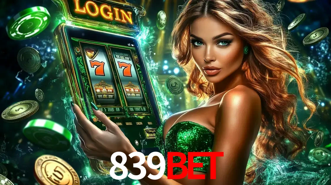 Mulher com tema verde apresentando o aplicativo do cassino 839BET com um jogo de slot de 777, cercada por fichas de cassino e uma aura de sorte.