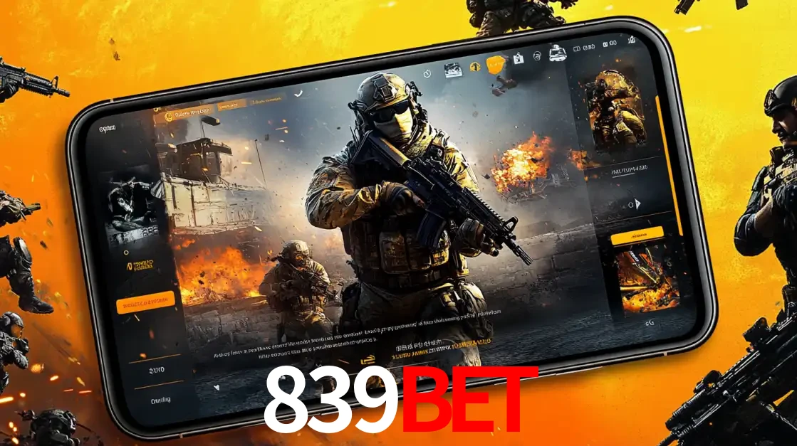 Um smartphone exibindo a interface de um jogo de tiro em primeira pessoa, com um soldado em um cenário de batalha, representando a ação dos e-sports para apostar no 839BET.
