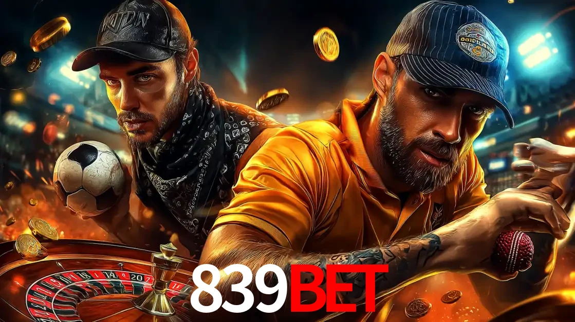 Montagem de apostas esportivas e cassino no 839BET, com um homem segurando uma bola de futebol e outro uma de beisebol sobre uma roleta e moedas voadoras.