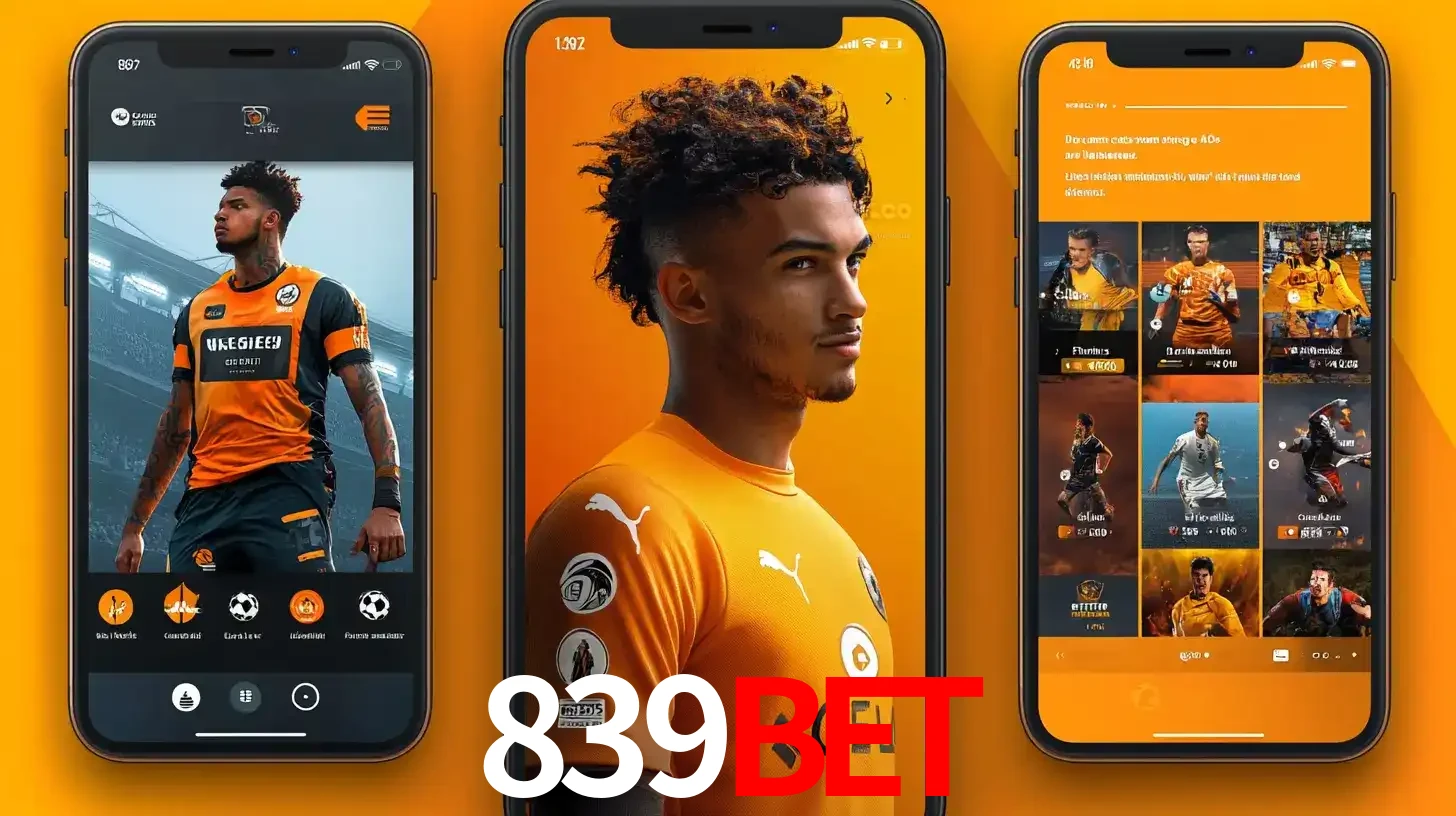 Interface do aplicativo de apostas esportivas 839BET em três telas de celular, mostrando o perfil de um jogador de futebol e a lista de jogos disponíveis para apostar.