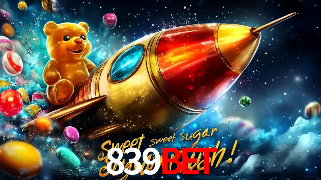 Arte promocional do jogo de slot Sugar Rush, com um urso de pelúcia em um foguete viajando pelo espaço de doces, um dos jogos divertidos disponíveis no cassino 839BET.