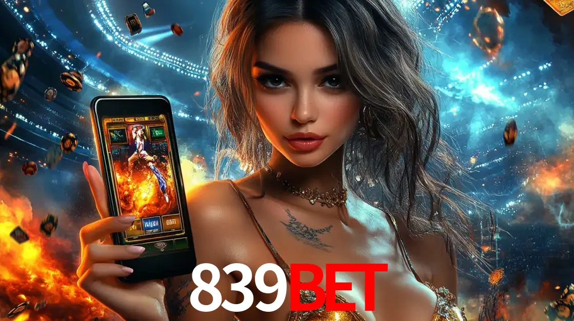 Mulher segurando um celular com um jogo de slot em destaque, tendo como fundo um estádio vibrante, simbolizando a emoção de jogar no cassino móvel 839BET.