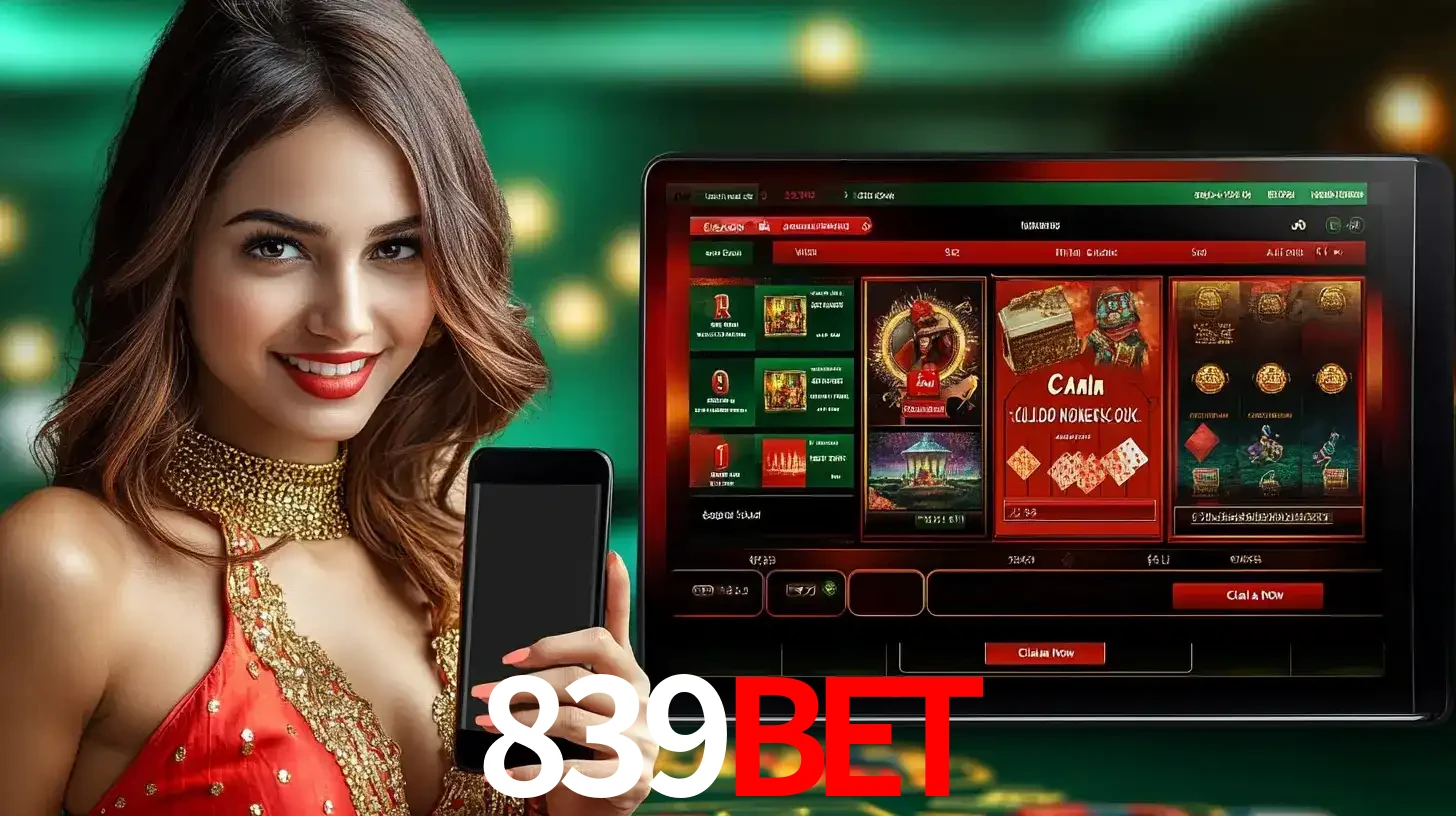 Mulher sorridente segurando um smartphone, ao lado de uma tela exibindo o lobby de jogos do cassino online 839BET, com várias opções de jogos de cartas e slots.